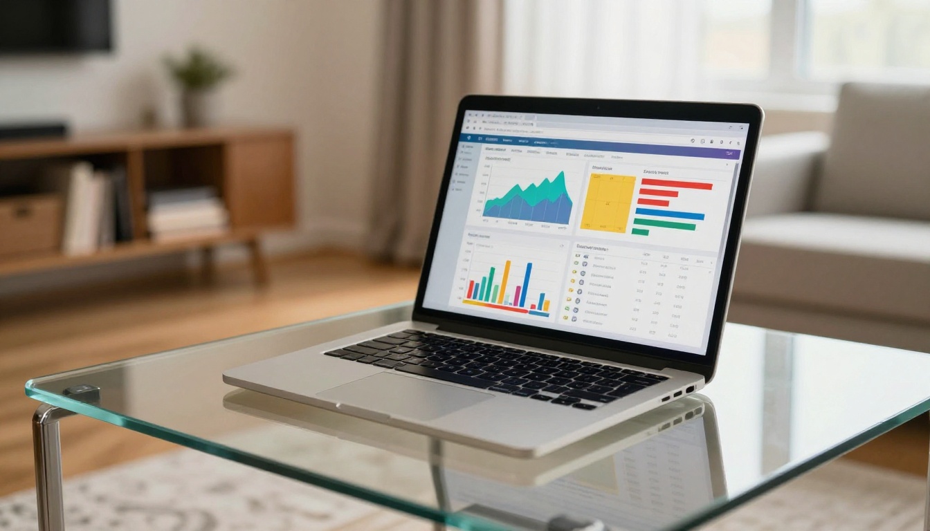 A modern laptop on a glass coffee table displaying a flipbook publishing dashboard with analytics charts, bright living room with sheer curtains and bookshelves blurred in background A modern laptop on a glass coffee table displaying a flipbook publishing dashboard with analytics charts, bright living room with sheer curtains and bookshelves blurred in background