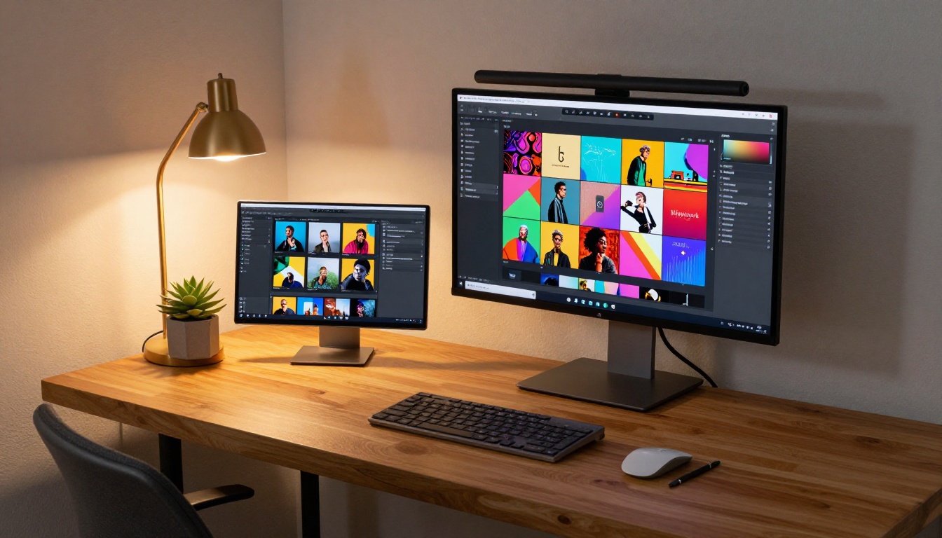 Home office dual monitor setup showing digital portfolio flipbook on main screen and editing interface on secondary screen with warm desk lamp light