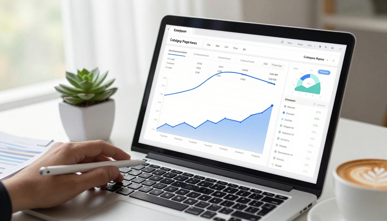 An analytics dashboard on a laptop screen showing catalog page views, traffic curves, and engagement metrics