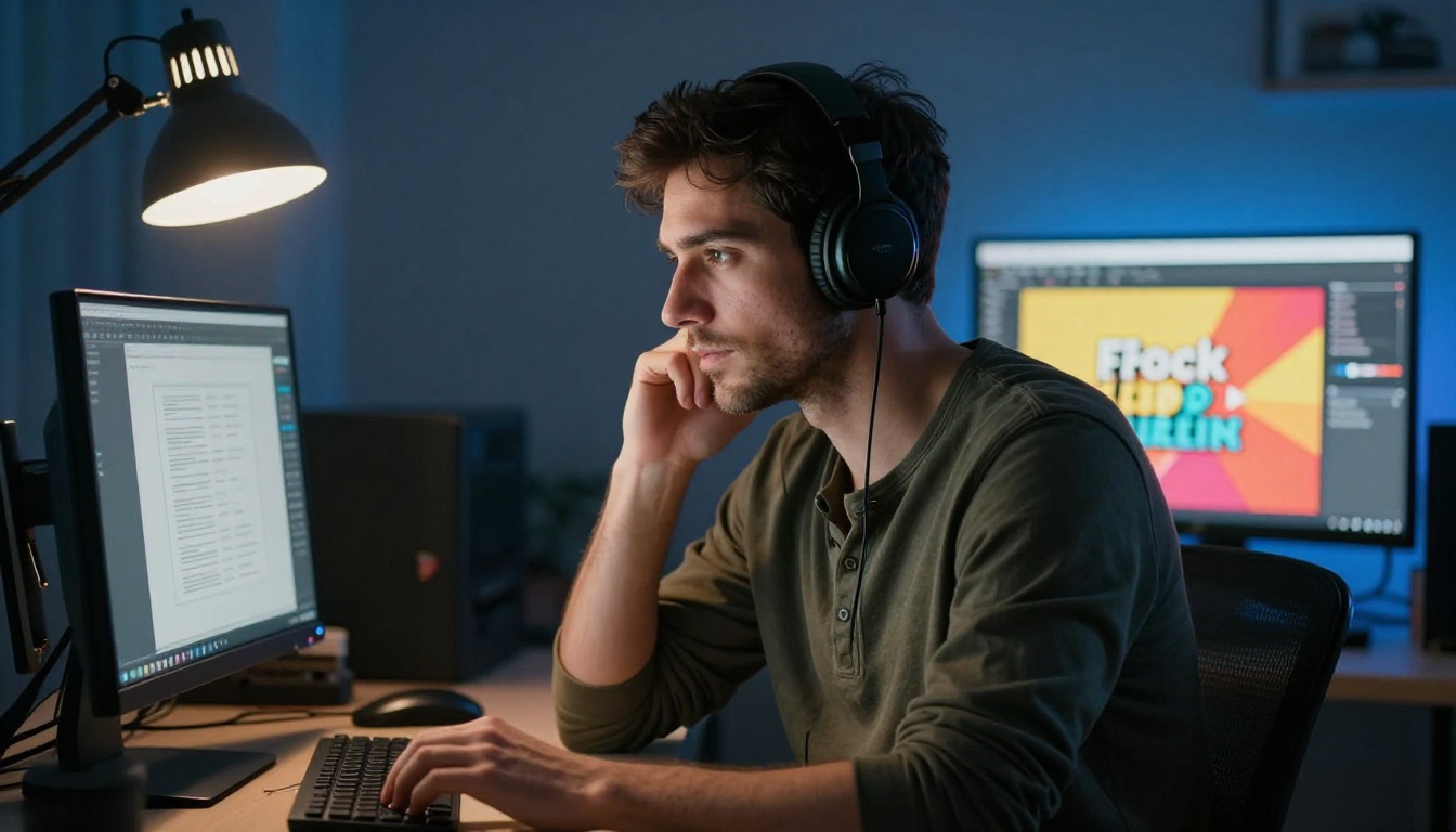 A freelance graphic designer at a dual-monitor workstation in a moody creative studio, left screen showing a PDF layout and right screen showing the same content as a published digital flipbook A freelance graphic designer at a dual-monitor workstation in a moody creative studio, left screen showing a PDF layout and right screen showing the same content as a published digital flipbook