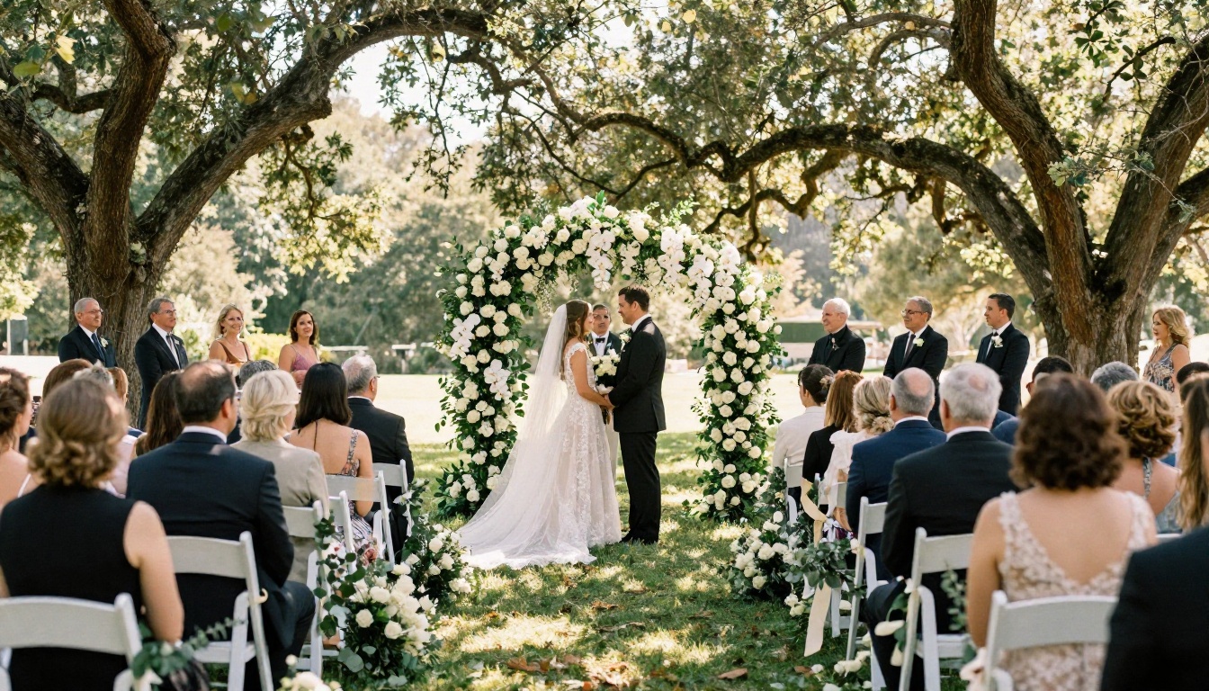 Outdoor wedding ceremony with floral arch and garden setting