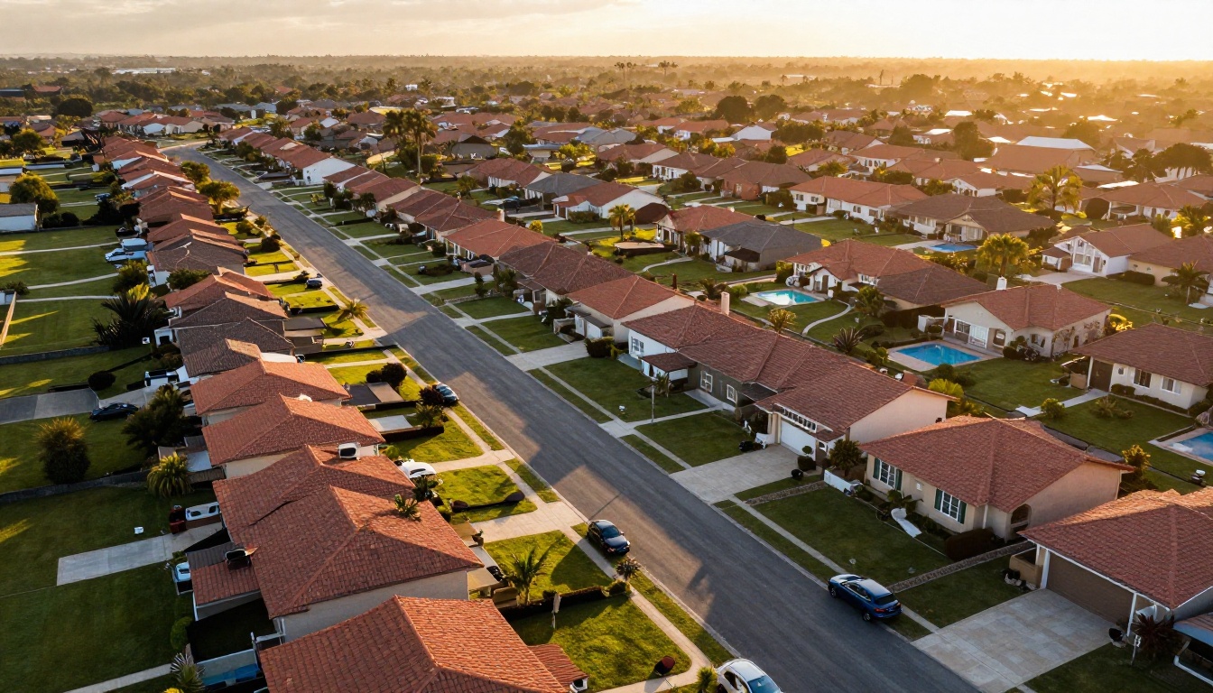 Aerial drone shot of suburban neighborhood at golden hour showing homes and swimming pools