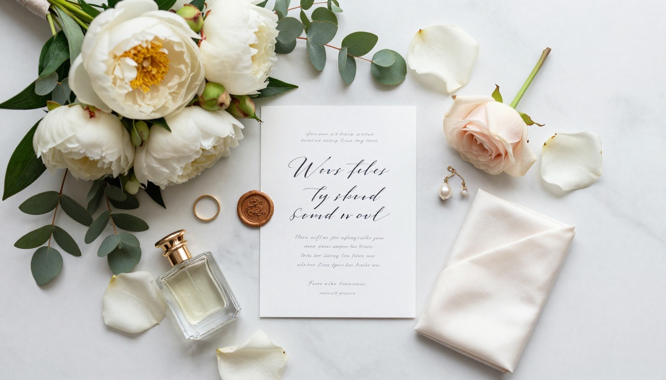 Elegant wedding flat lay with rings, flowers, and invitation details
