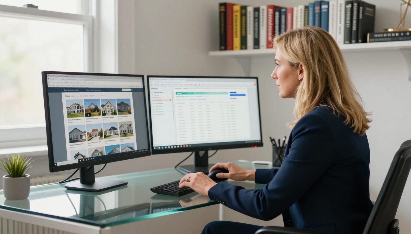 Female agent at dual-monitor desk reviewing email analytics dashboard and property flipbook newsletter