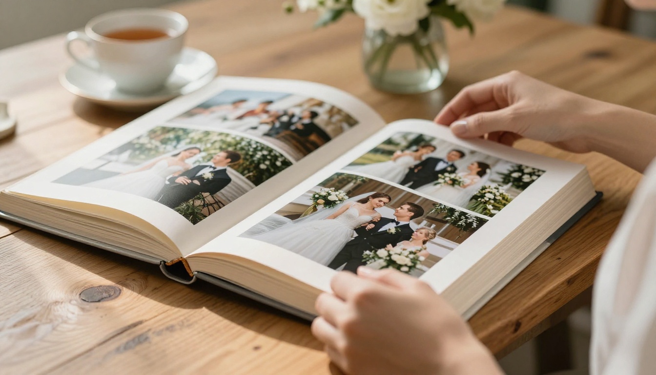 Hands turning pages of a wedding photo album with warm light