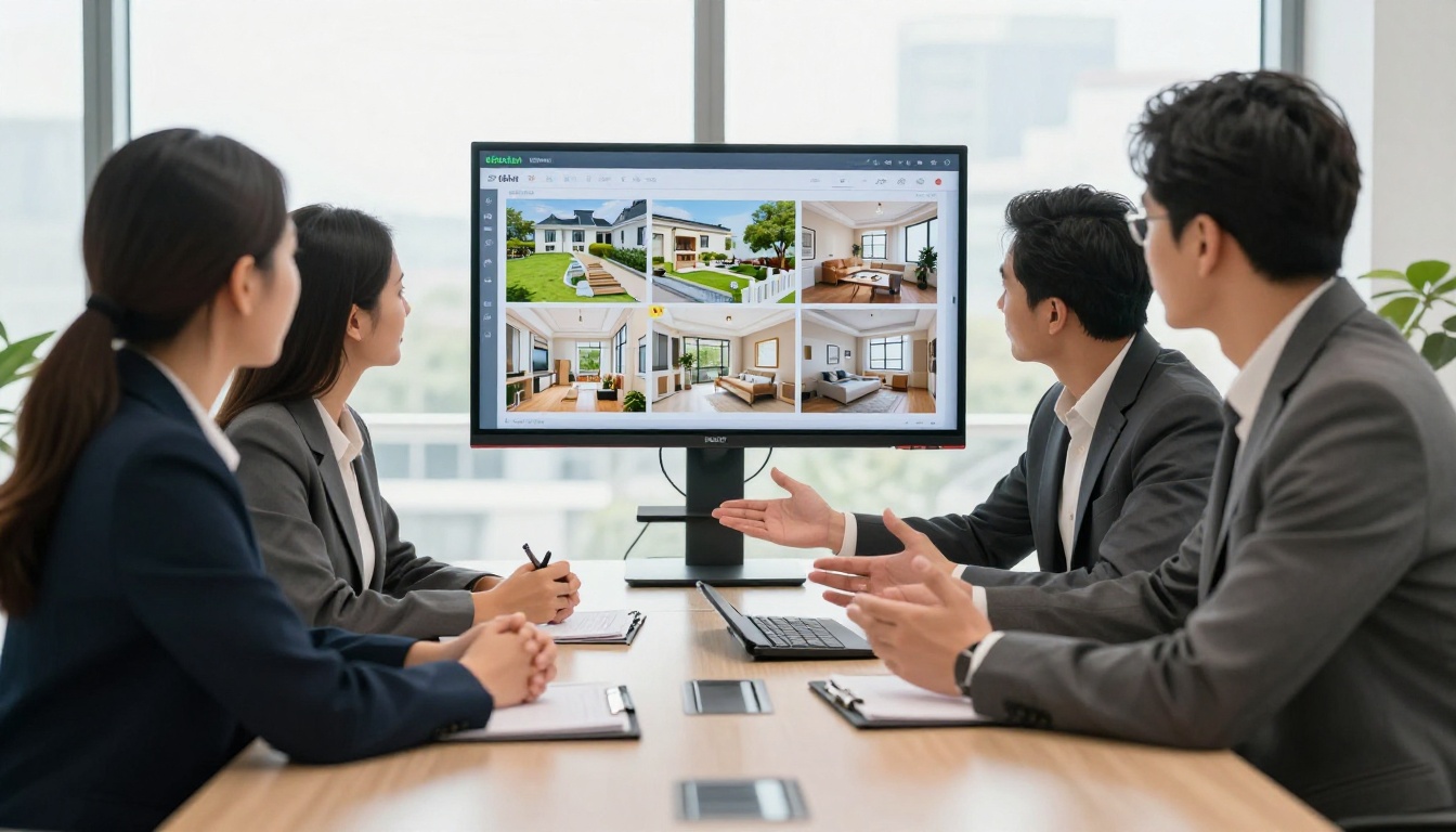 Two real estate agents presenting an interactive property flipbook on tablet to homebuyers at conference table