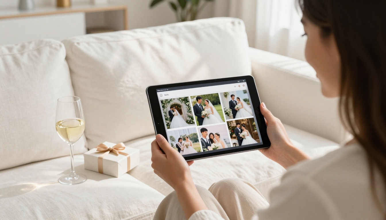 Woman viewing digital wedding album on tablet in bright living room