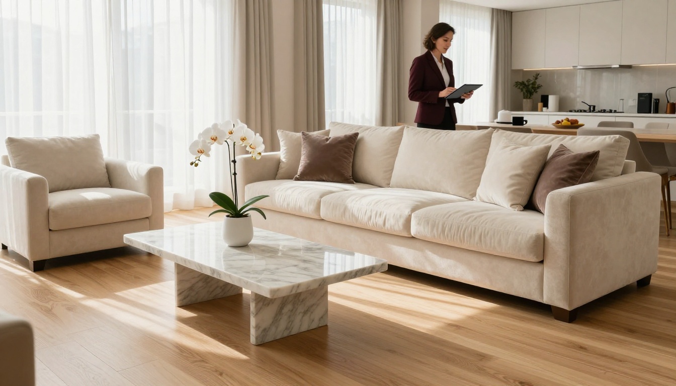 Beautifully staged luxury living room with cream sofa and marble coffee table during an open house