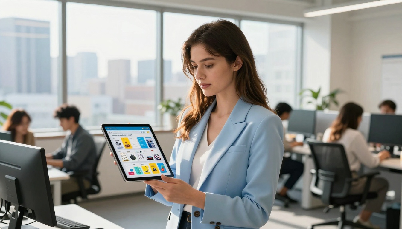 Marketing professional holding a tablet showing a digital catalog flipbook