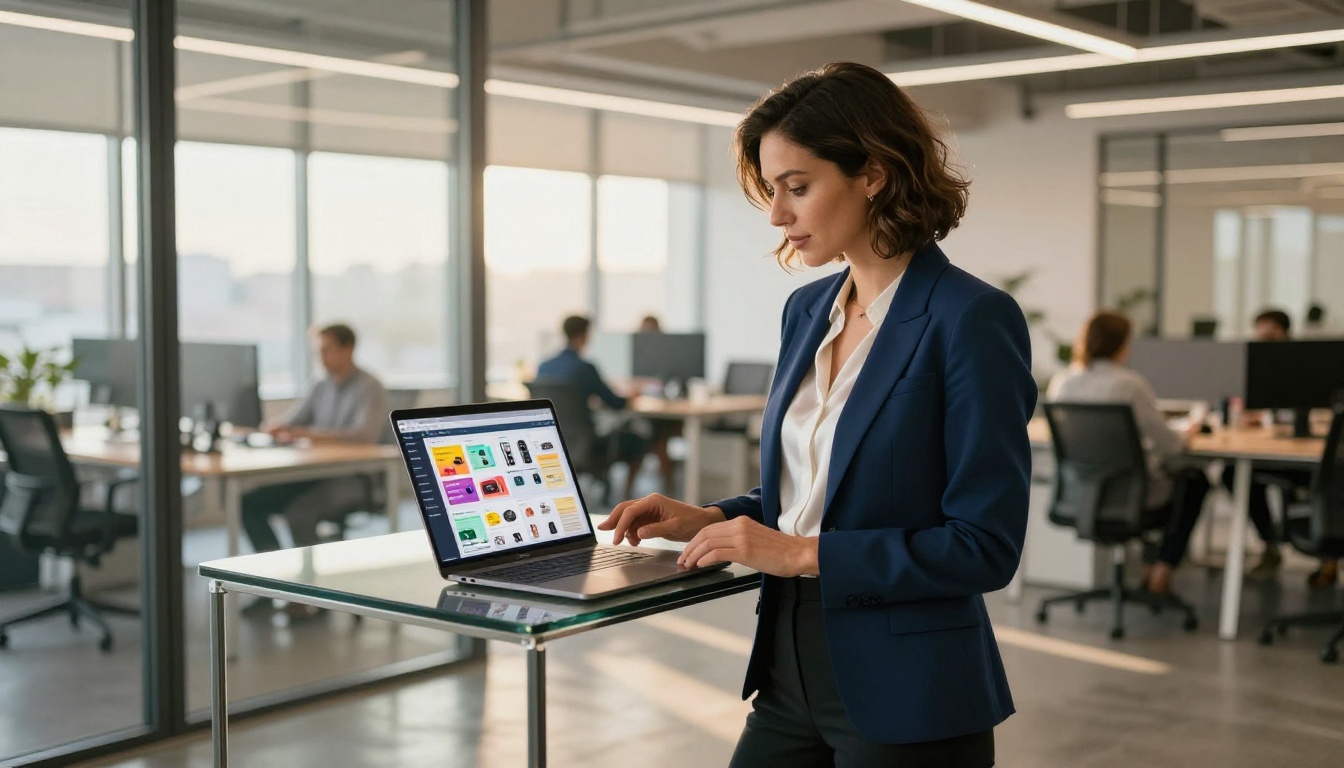 Marketing professional reviewing a vibrant digital catalog on a laptop in a modern open-plan office Marketing professional reviewing a vibrant digital catalog on a laptop in a modern open-plan office