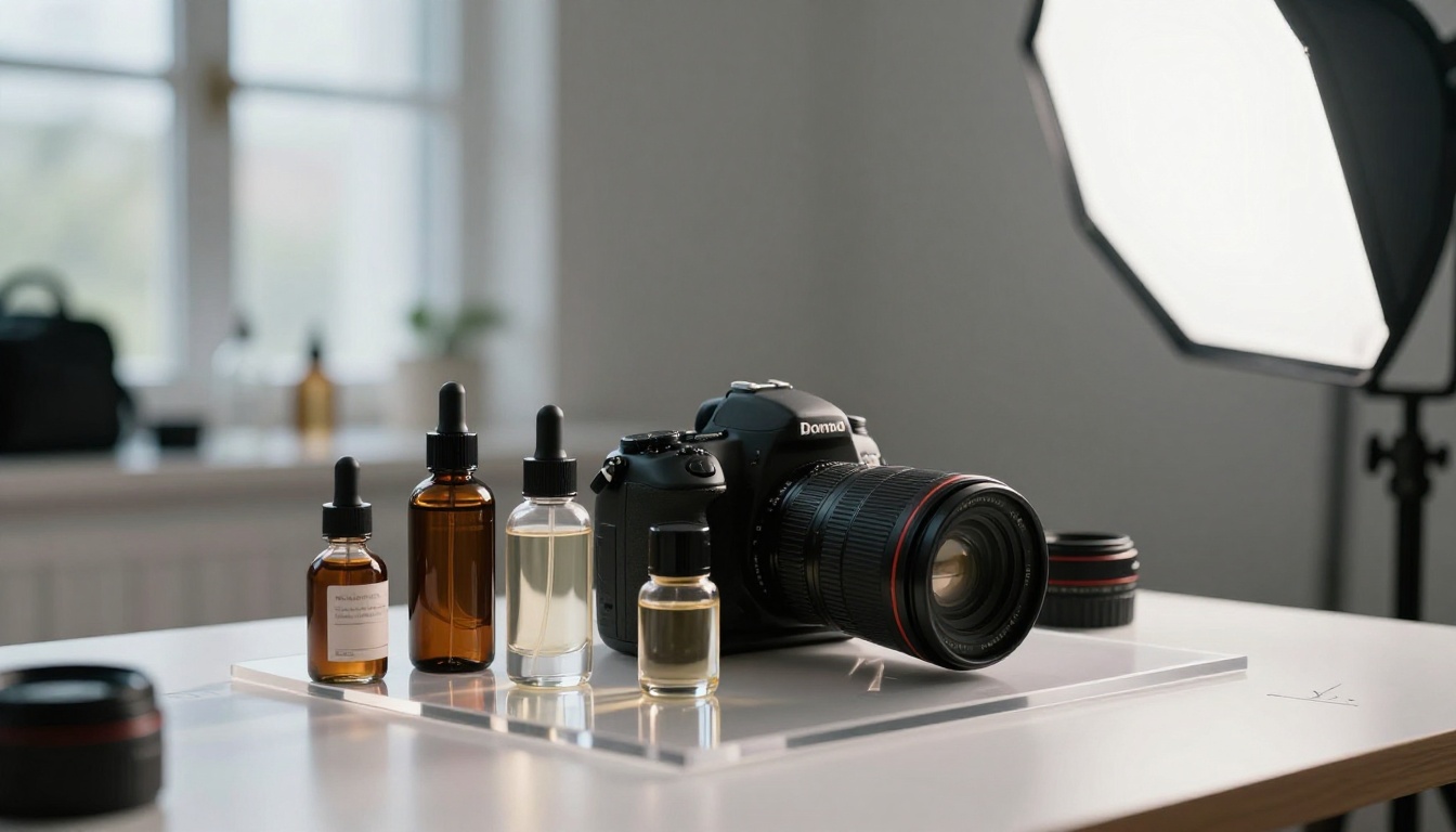 Professional product photography studio with softbox lighting and product arrangement