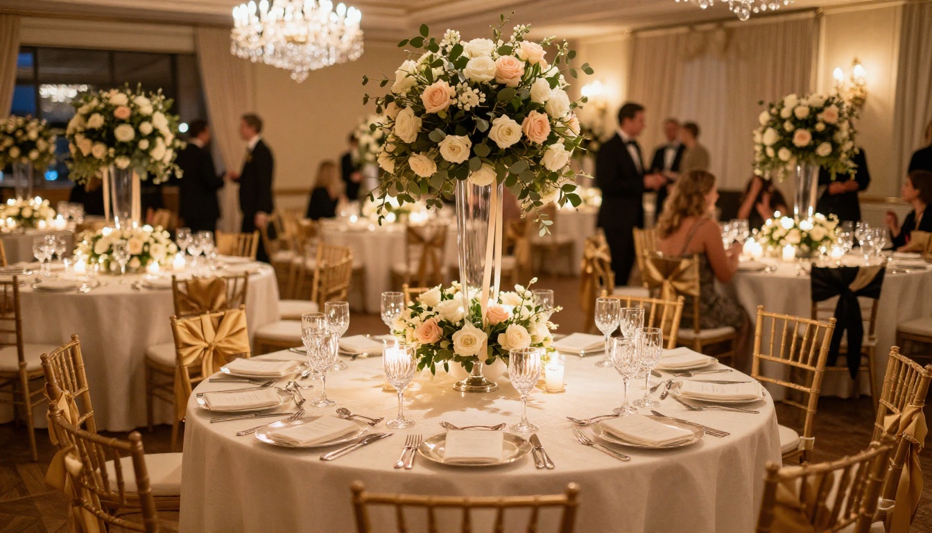 Luxurious wedding reception venue with chandelier and floral centerpieces
