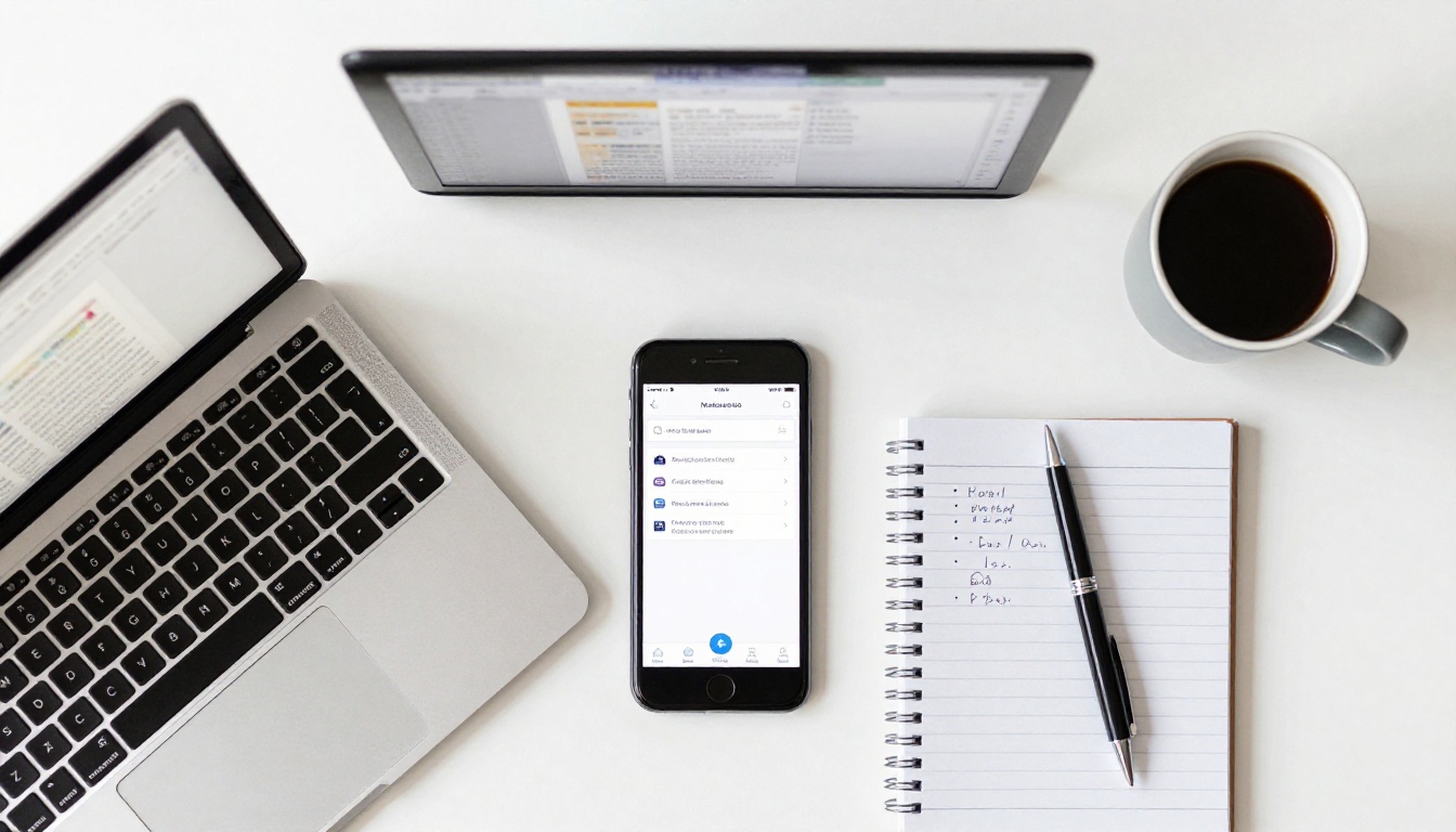 Aerial view of a desk with laptop showing email inbox and flipbook preview