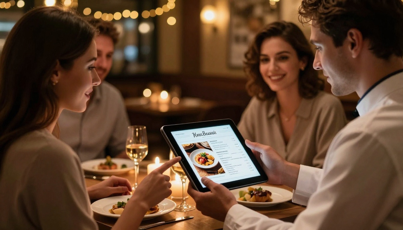 Waiter presenting a beautifully designed digital menu on a tablet to a smiling couple in a candlelit restaurant Waiter presenting a beautifully designed digital menu on a tablet to a smiling couple in a candlelit restaurant