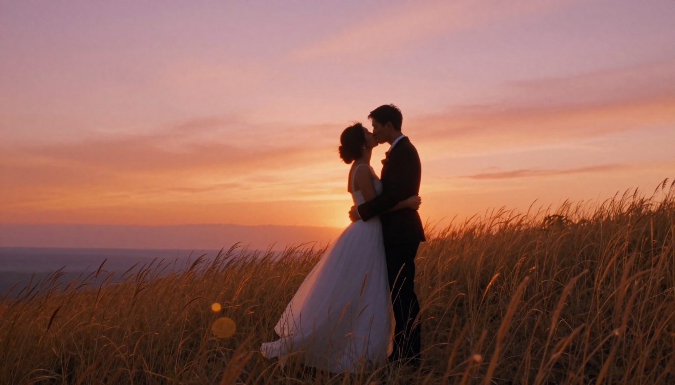 Wedding couple silhouetted against a sunset sky in golden grass
