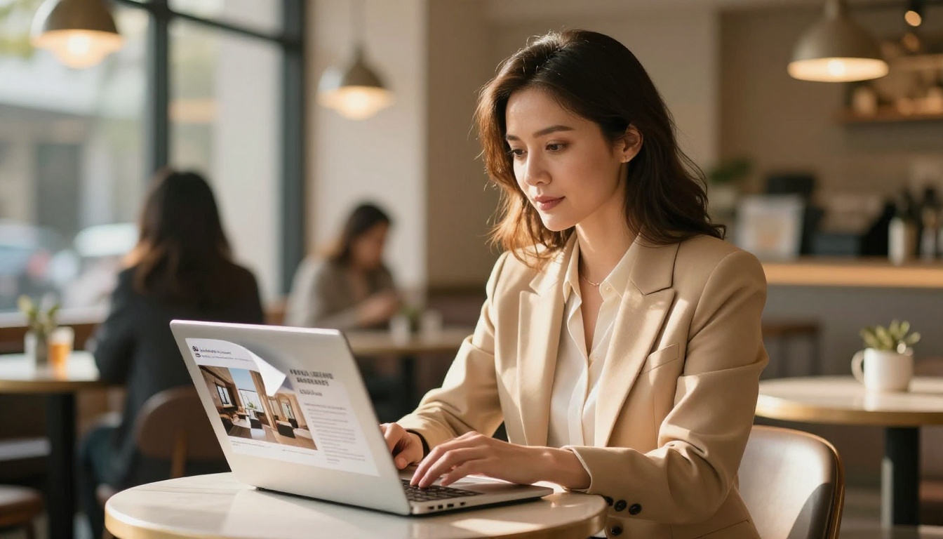 Real estate agent in a cafe reviewing a property brochure flipbook on her laptop