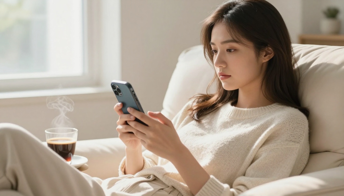 Young woman relaxing on a cream sofa, scrolling through a digital e-magazine on her smartphone in morning light Young woman relaxing on a cream sofa, scrolling through a digital e-magazine on her smartphone in morning light