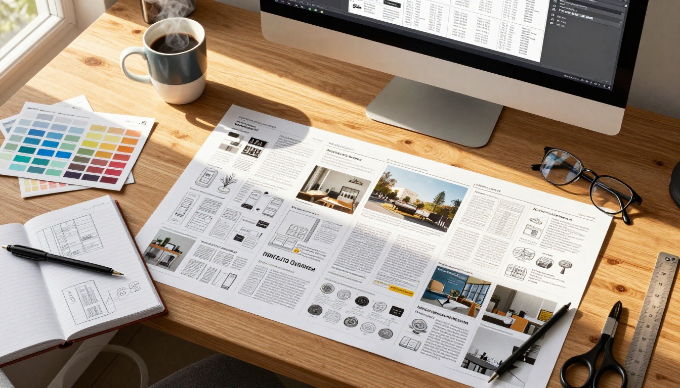Aerial view of catalog design workspace with printed layouts and color swatches