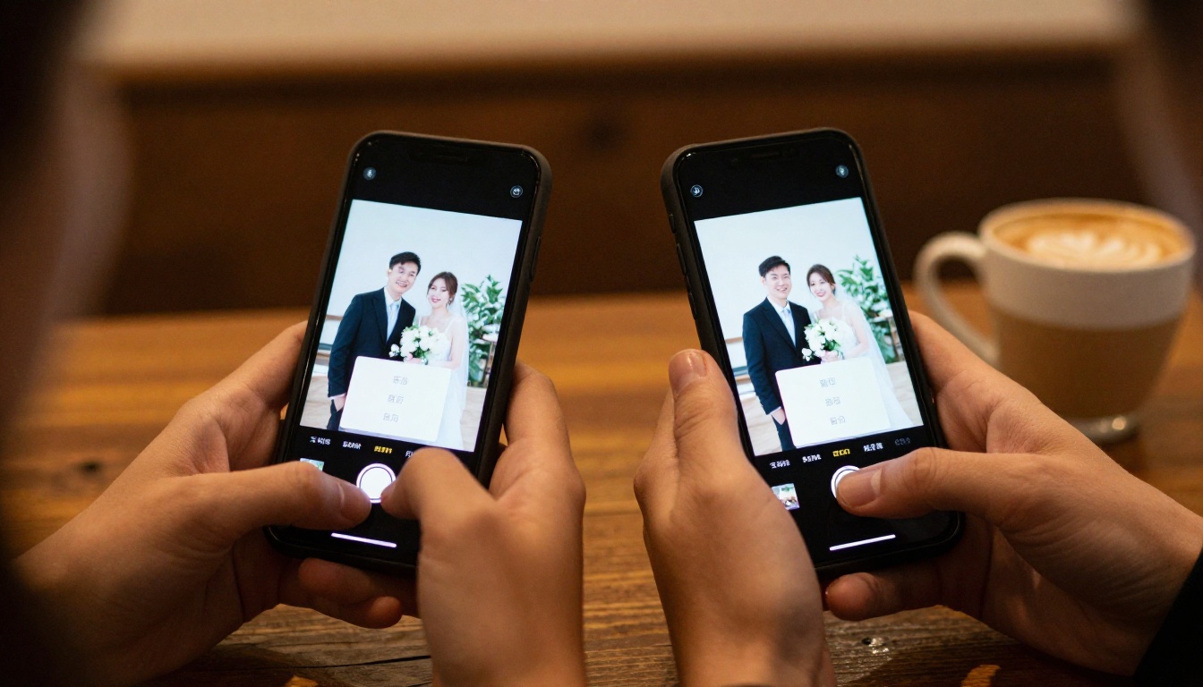 Two people sharing a wedding album on smartphones at a cafe