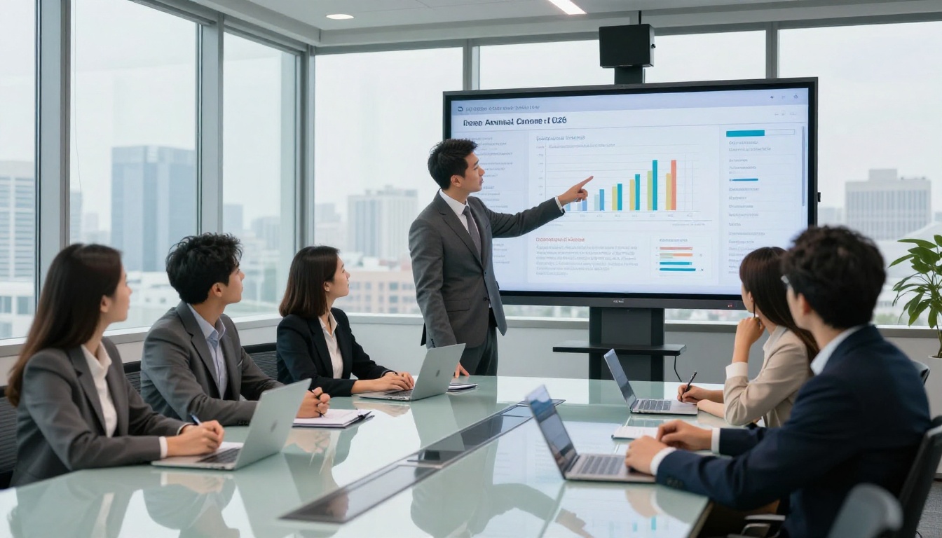Four business professionals reviewing an interactive annual report on a conference room screen Four business professionals reviewing an interactive annual report on a conference room screen