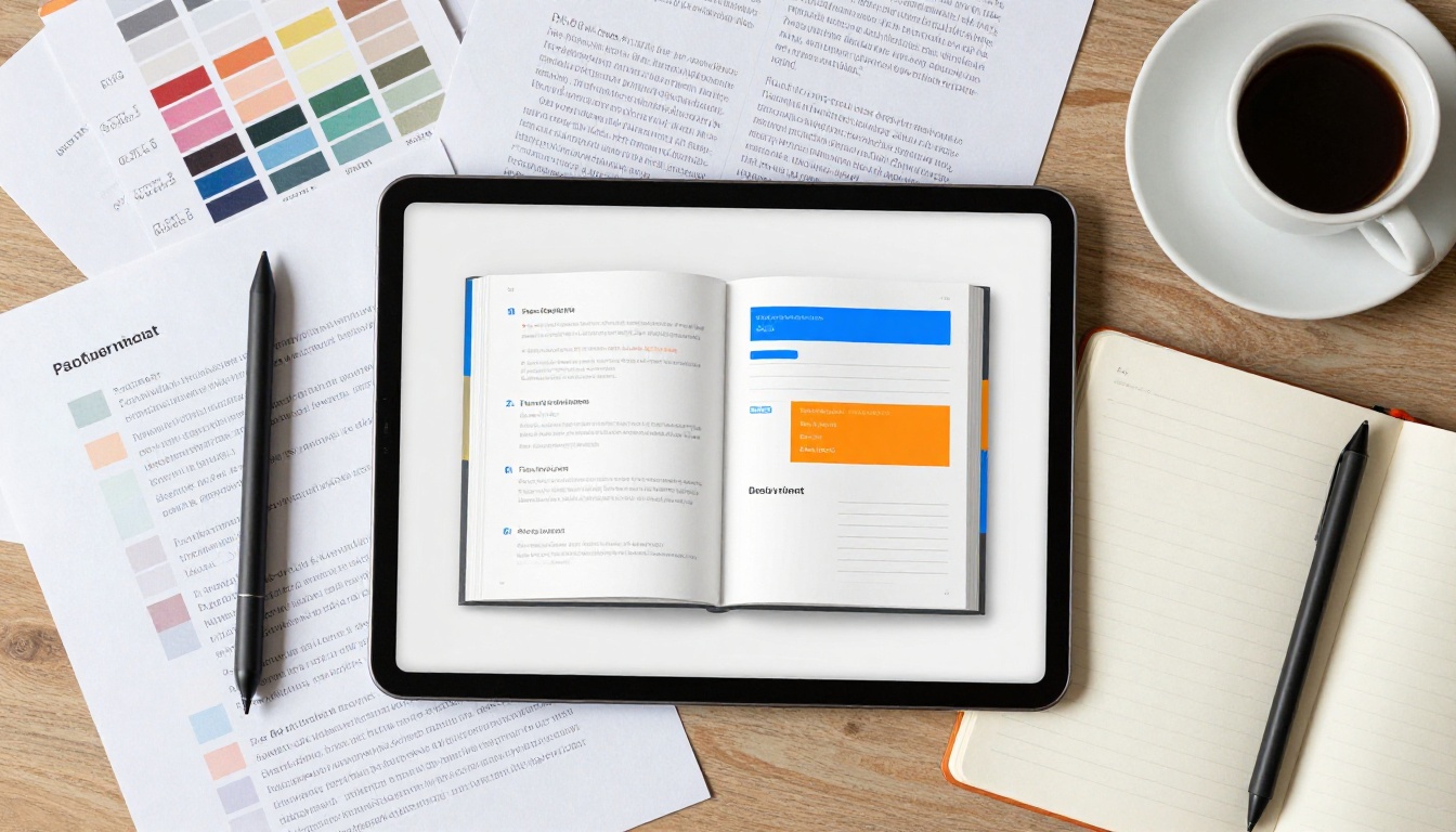 Designer workspace aerial view with interactive flipbook and color swatches on tablet