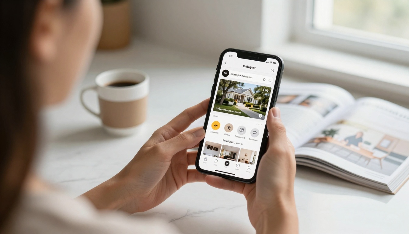 Real estate agent viewing property flipbook on Instagram on smartphone at marble kitchen counter