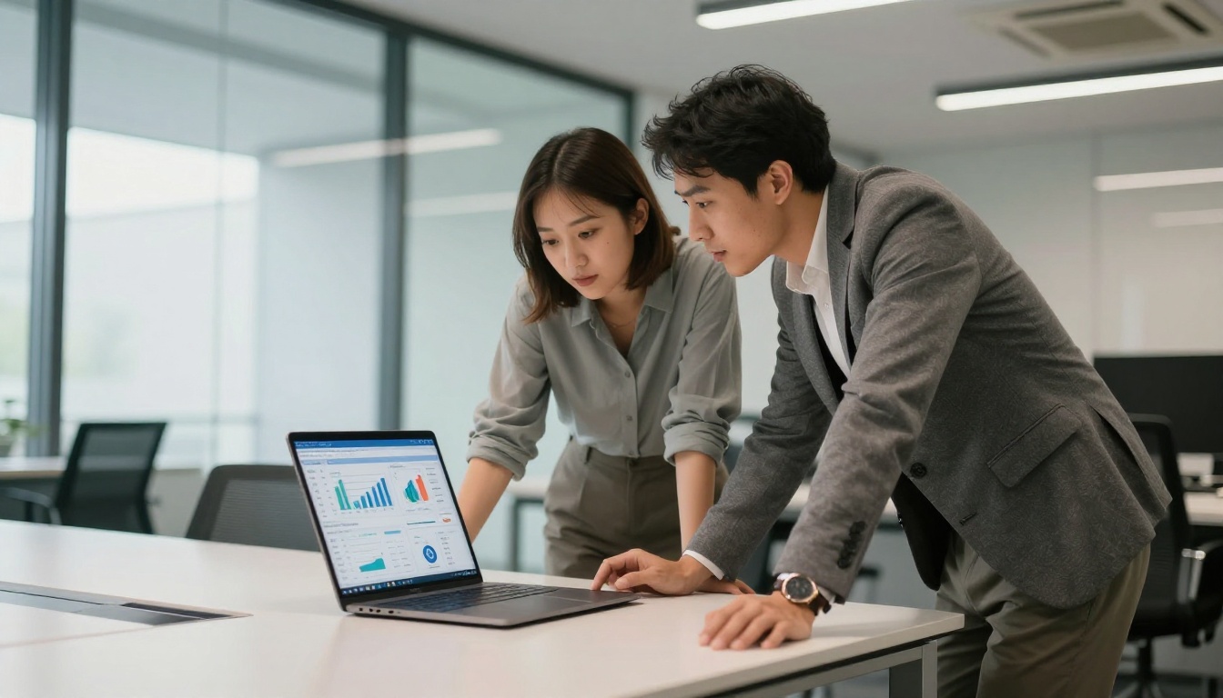 Two colleagues reviewing a flipbook analytics dashboard on a shared laptop