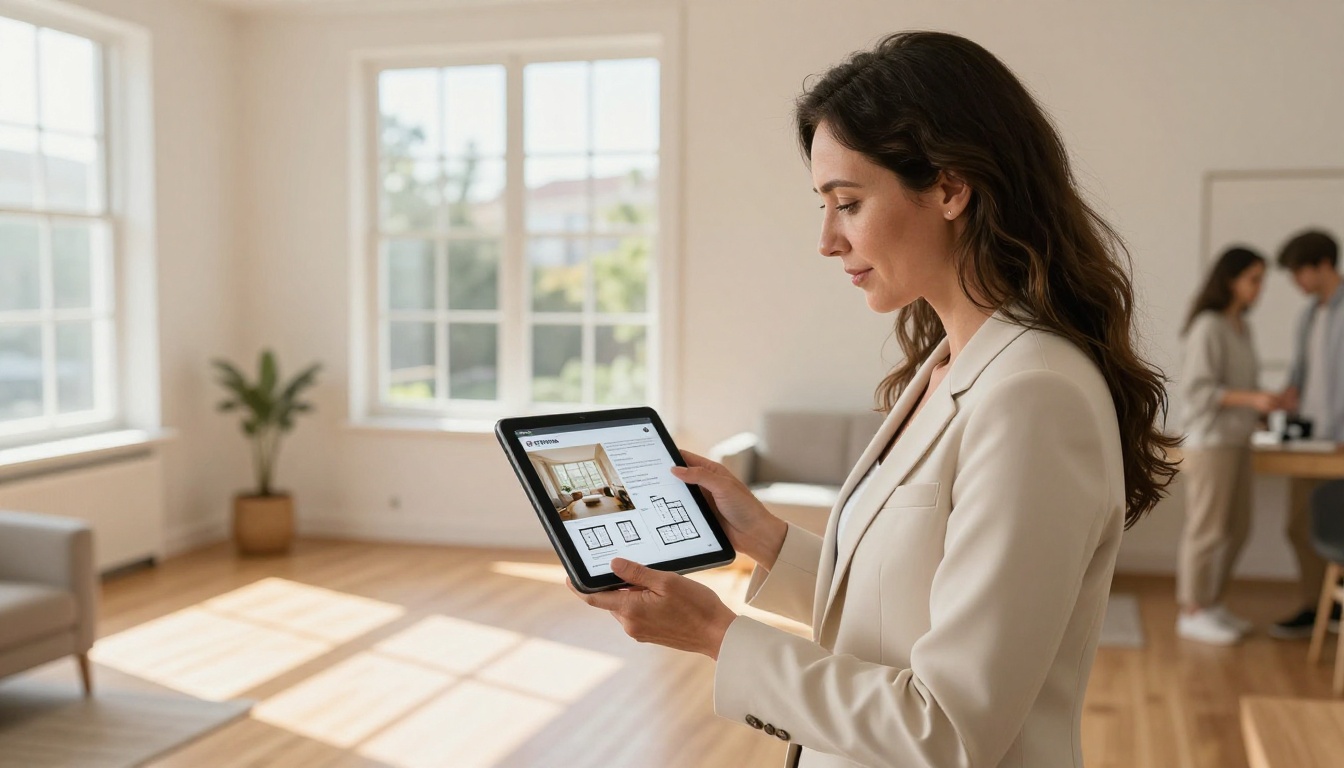Real estate agent showing a digital property brochure on a tablet to a young couple in a sunlit apartment Real estate agent showing a digital property brochure on a tablet to a young couple in a sunlit apartment