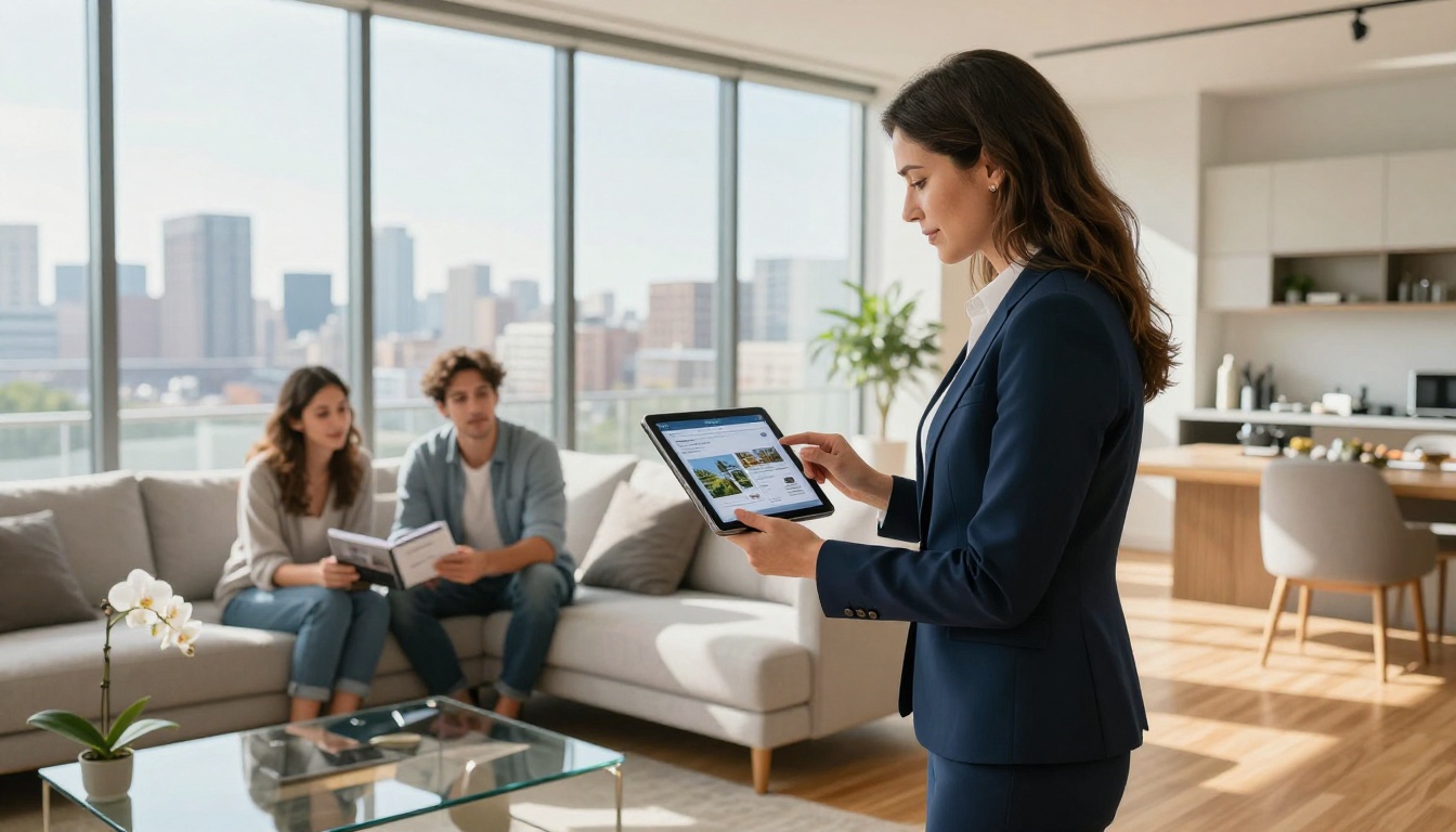 Real estate agent presenting digital flipbook brochure on tablet to couple in modern apartment Real estate agent presenting digital flipbook brochure on tablet to couple in modern apartment