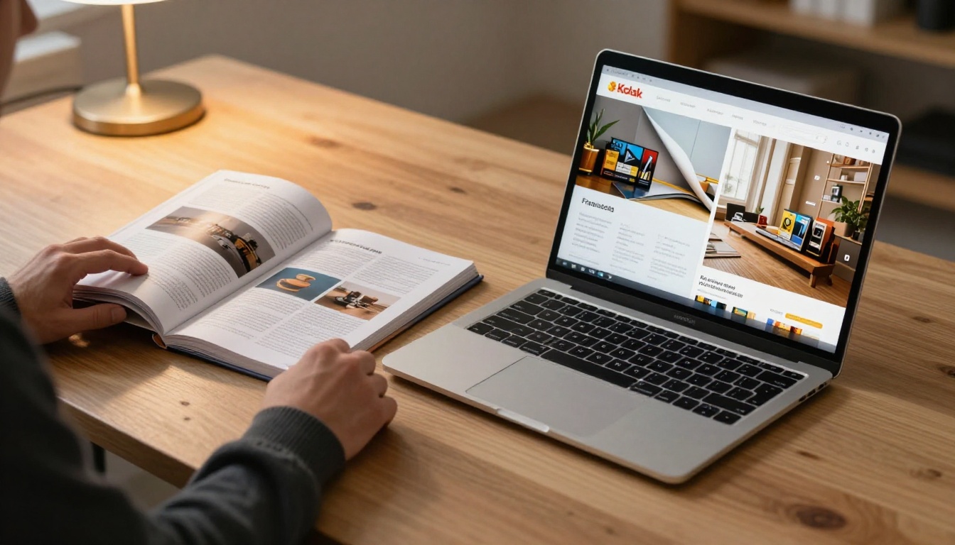 Side-by-side comparison of printed catalog and digital flipbook on laptop