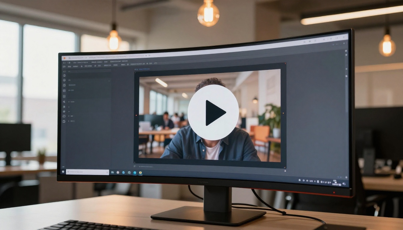 Curved ultrawide monitor showing flipbook page with embedded video thumbnail and play button