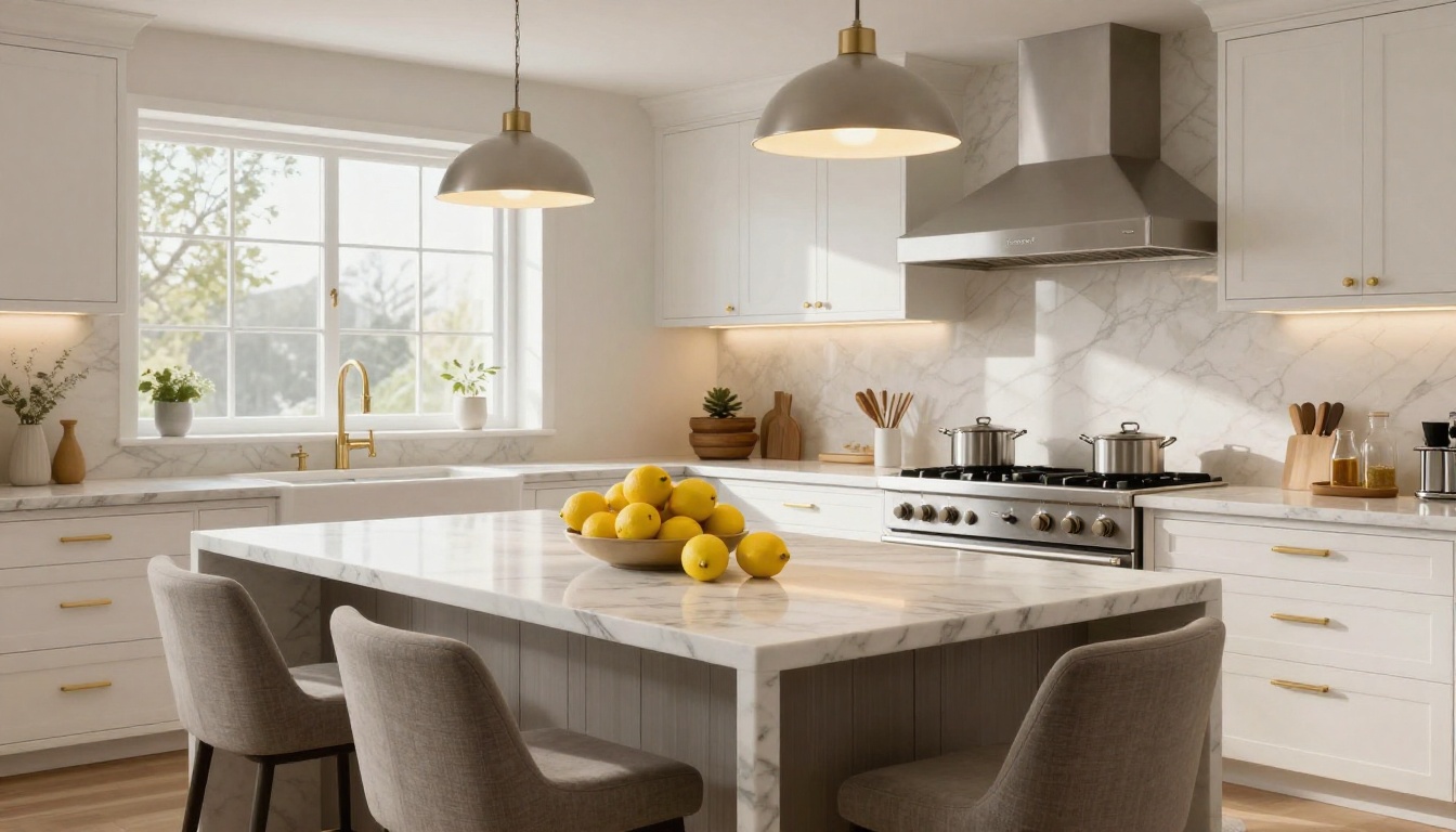 Luxury staged kitchen with marble waterfall island and custom white cabinetry featured in a property listing