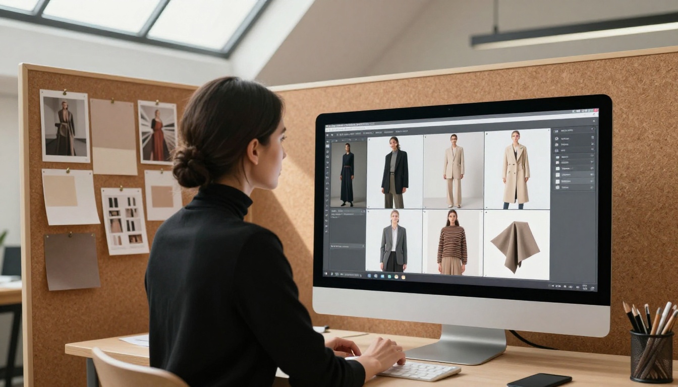 Fashion designer reviewing a digital lookbook on an iMac in a creative studio
