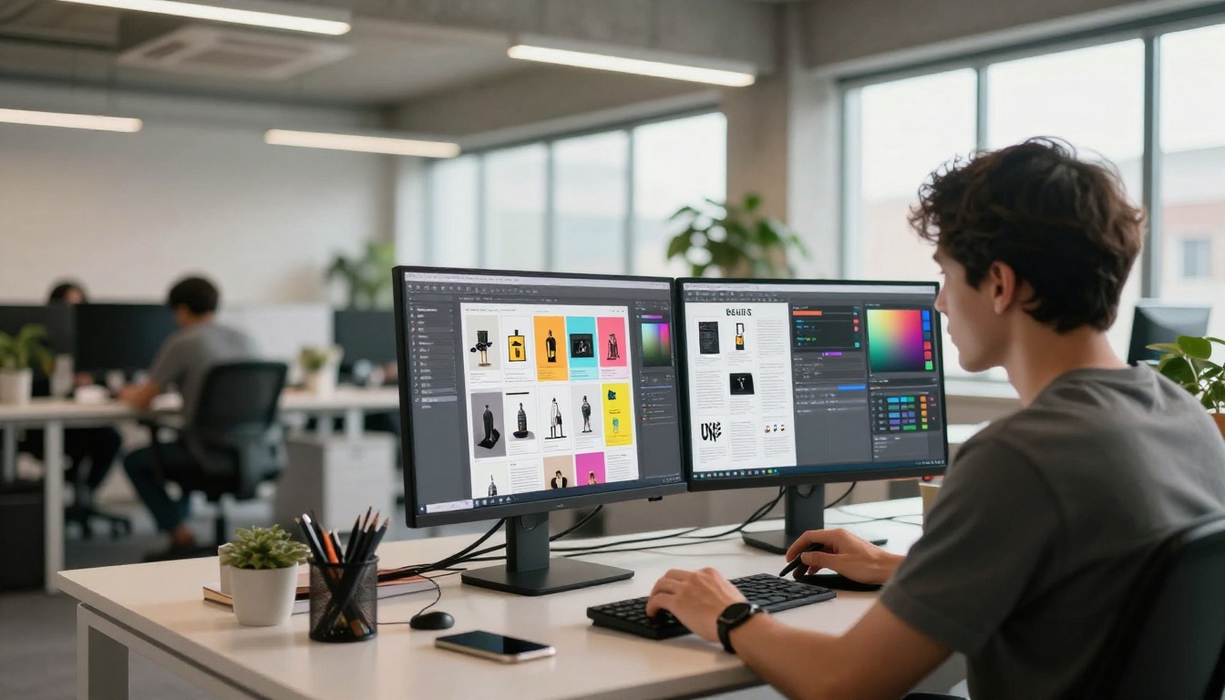 Graphic designer working on product catalog layout at dual-monitor workstation