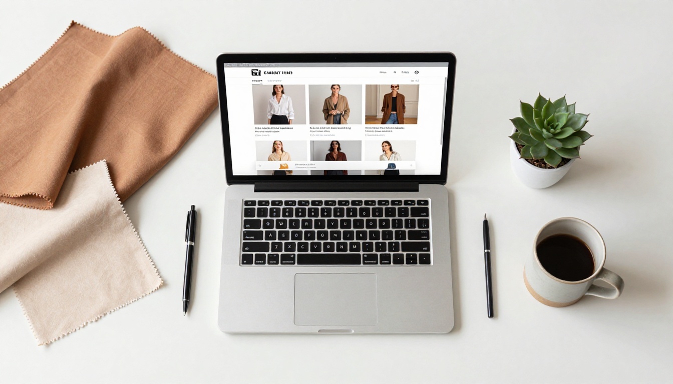 Aerial flat-lay of a laptop showing a digital fashion catalog, surrounded by fabric swatches, a ceramic mug, and a succulent on a white desk Aerial flat-lay of a laptop showing a digital fashion catalog, surrounded by fabric swatches, a ceramic mug, and a succulent on a white desk