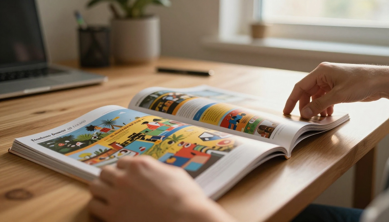 Hands carefully turning the pages of a colorful magazine on a warm oak desk Hands carefully turning the pages of a colorful magazine on a warm oak desk