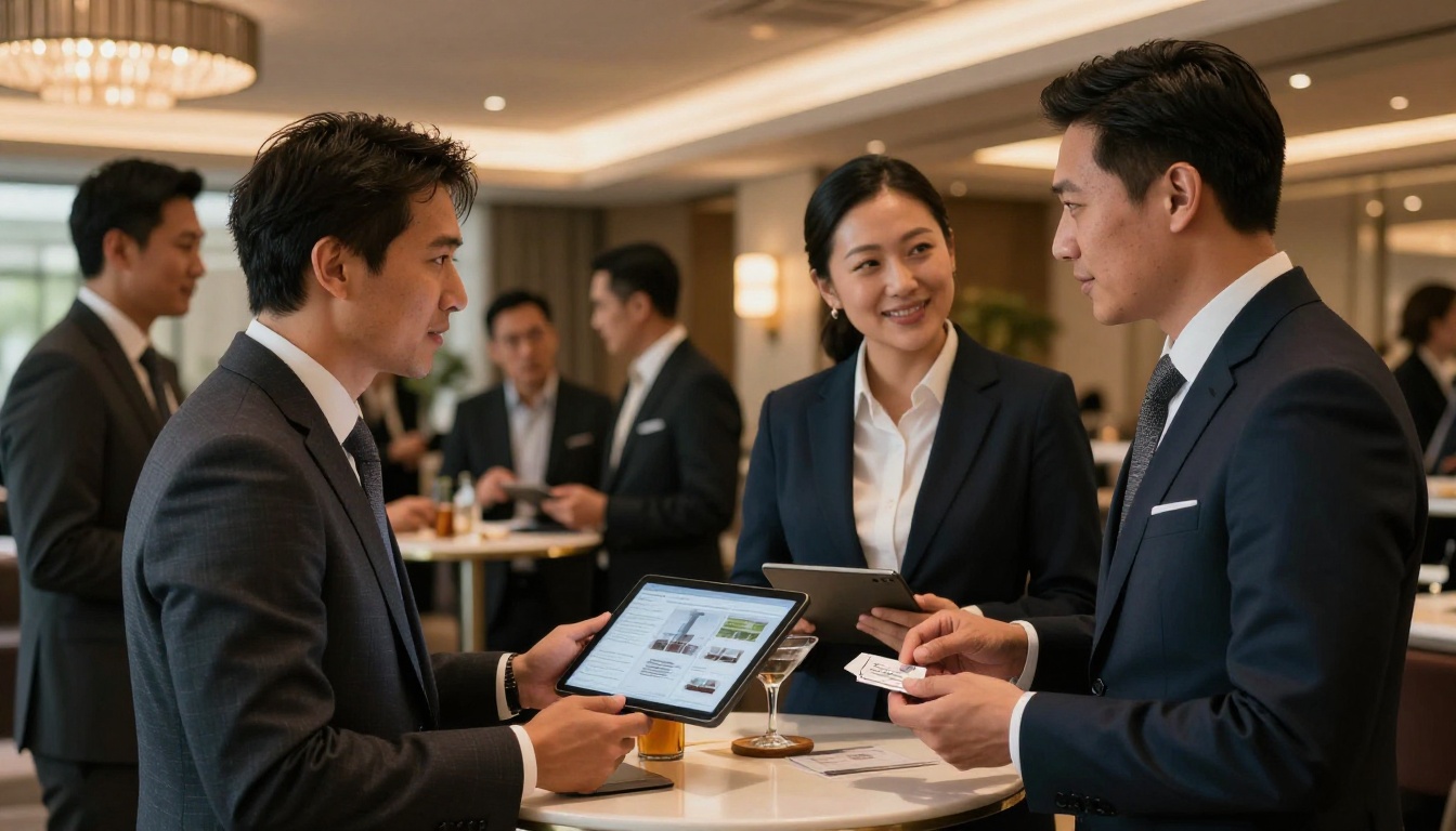 Real estate professionals at hotel ballroom networking event, two agents exchanging business cards with tablet showing property flipbook