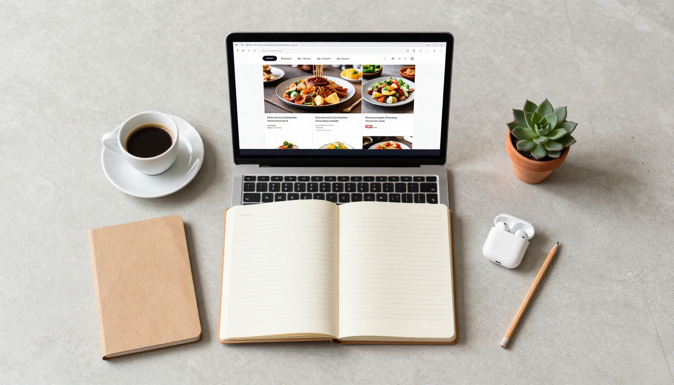 Overhead flat lay of a desk with laptop showing a restaurant menu flipbook in email preview