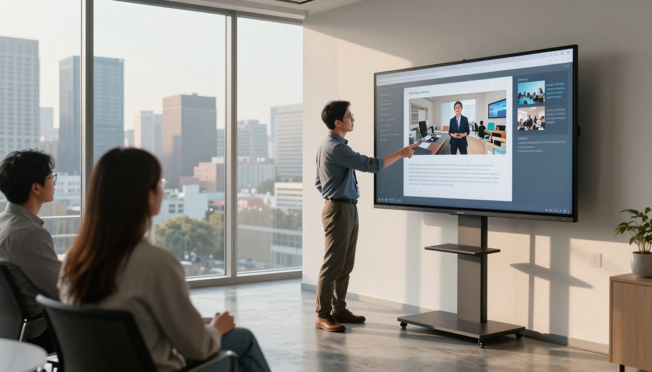 Marketing professional pointing to flipbook with embedded video on wall display for team