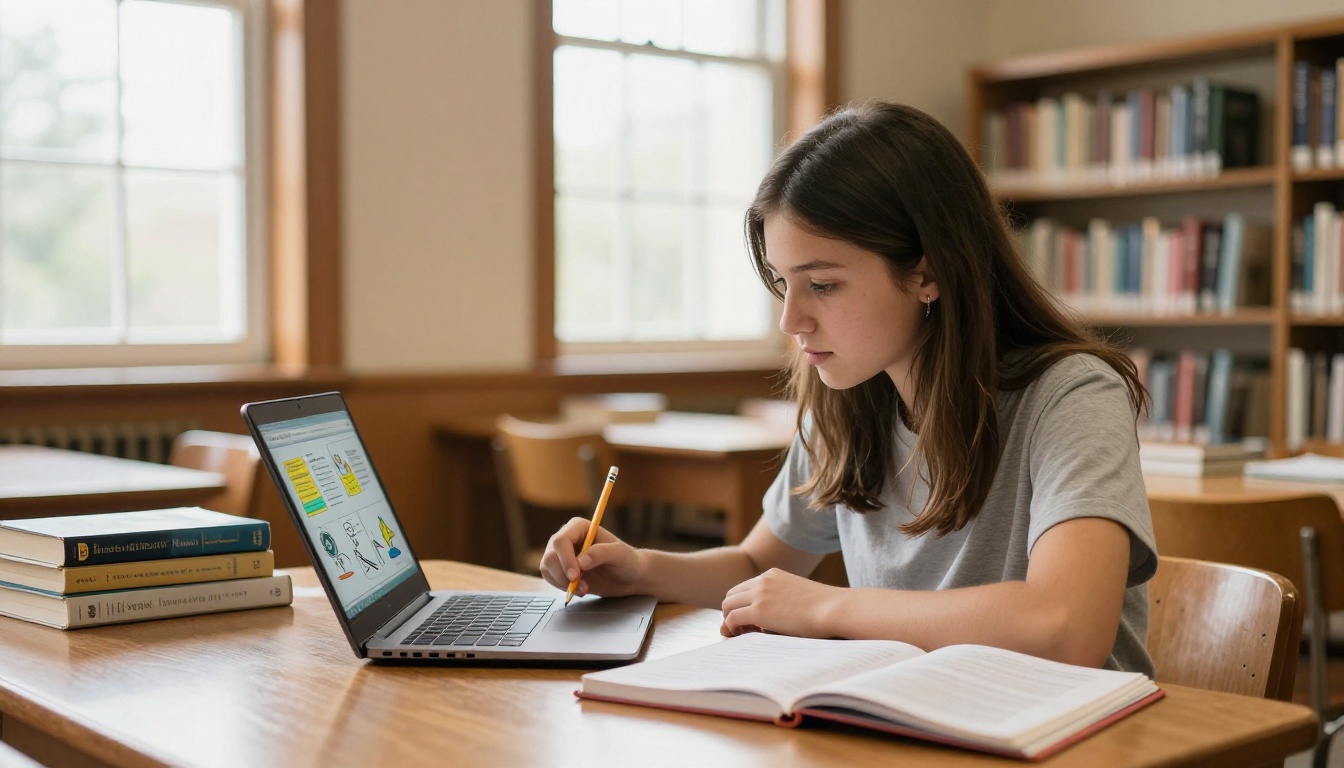 Student studying at a school library desk with an interactive educational flipbook open on a laptop Student studying at a school library desk with an interactive educational flipbook open on a laptop