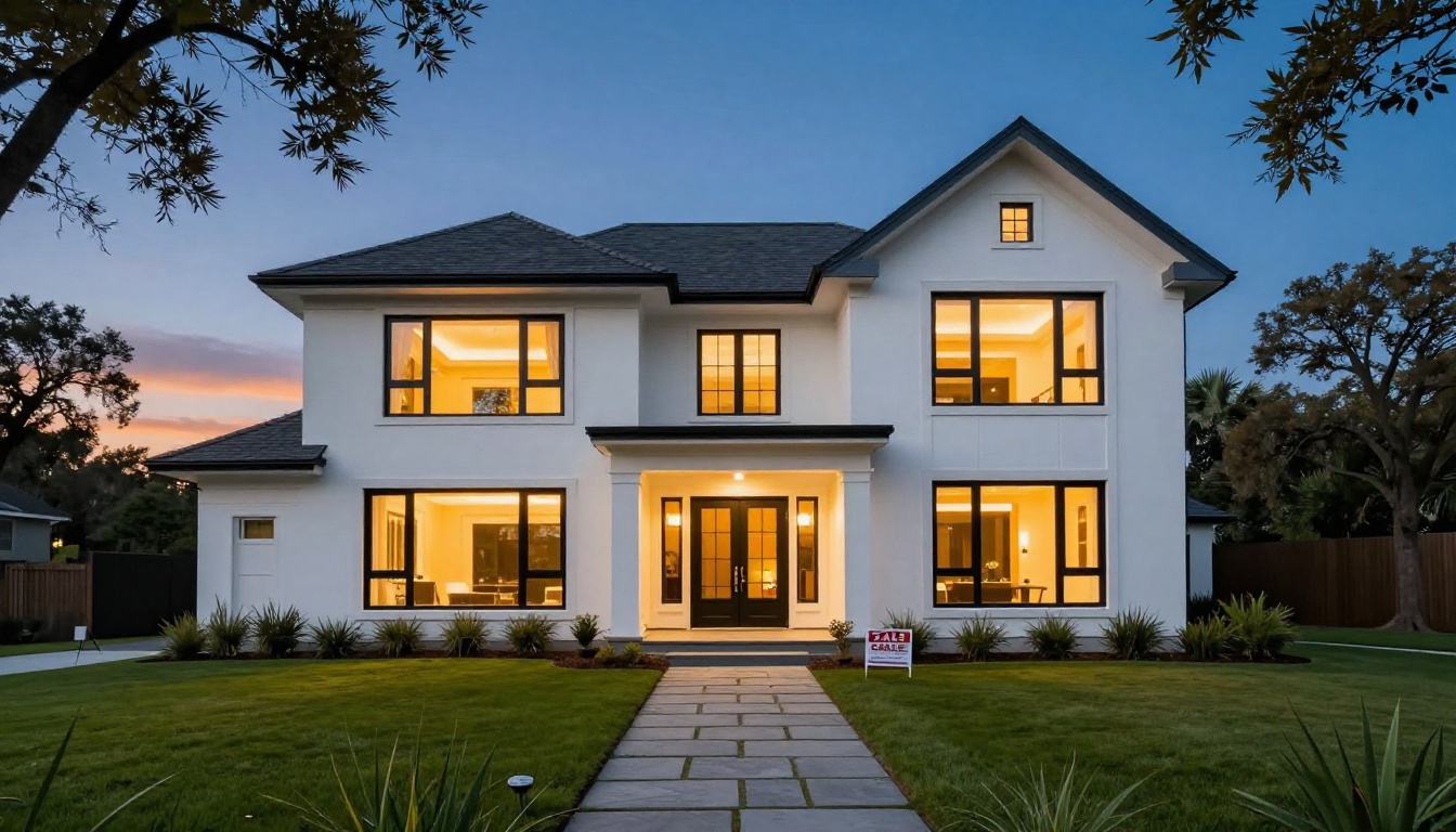 Modern luxury home exterior at dusk with glowing interior lights and for-sale sign on manicured lawn