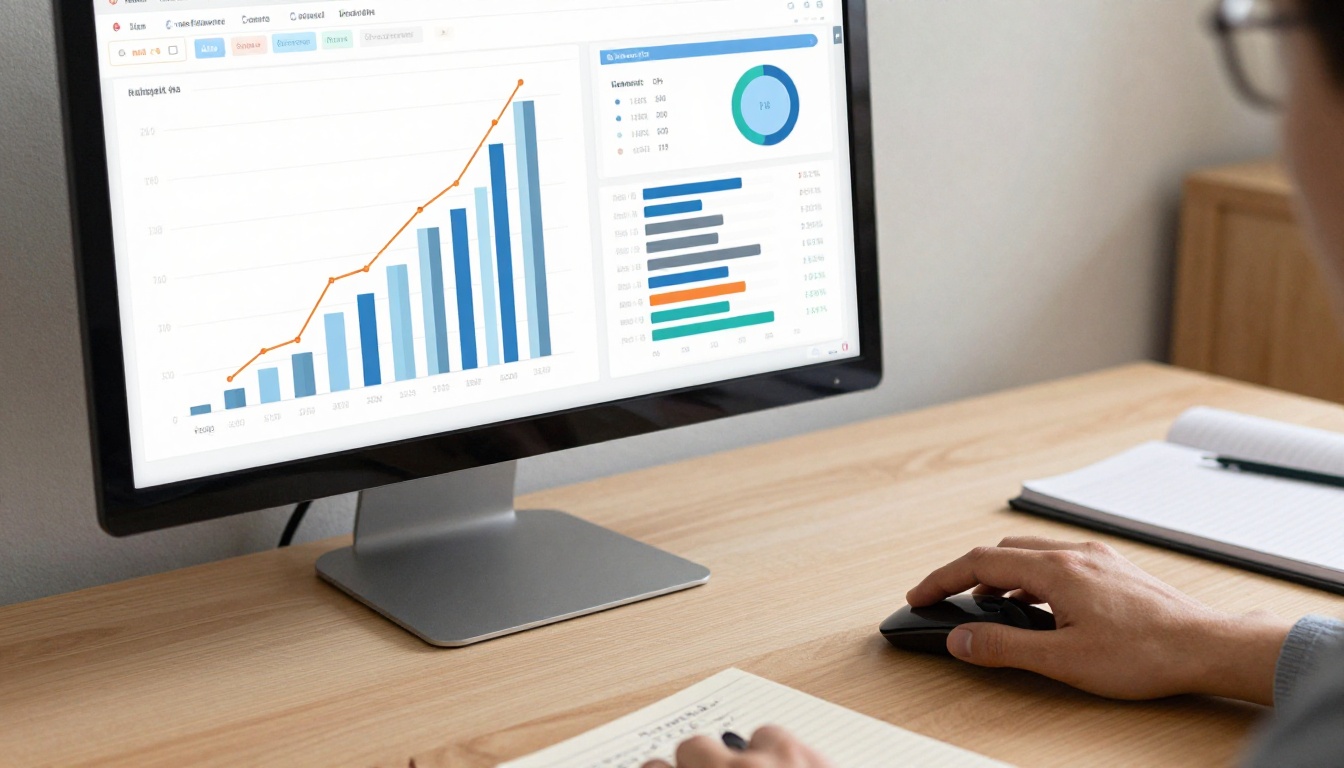 Desktop monitor showing a clean analytics dashboard with bar charts and reader activity metrics Desktop monitor showing a clean analytics dashboard with bar charts and reader activity metrics