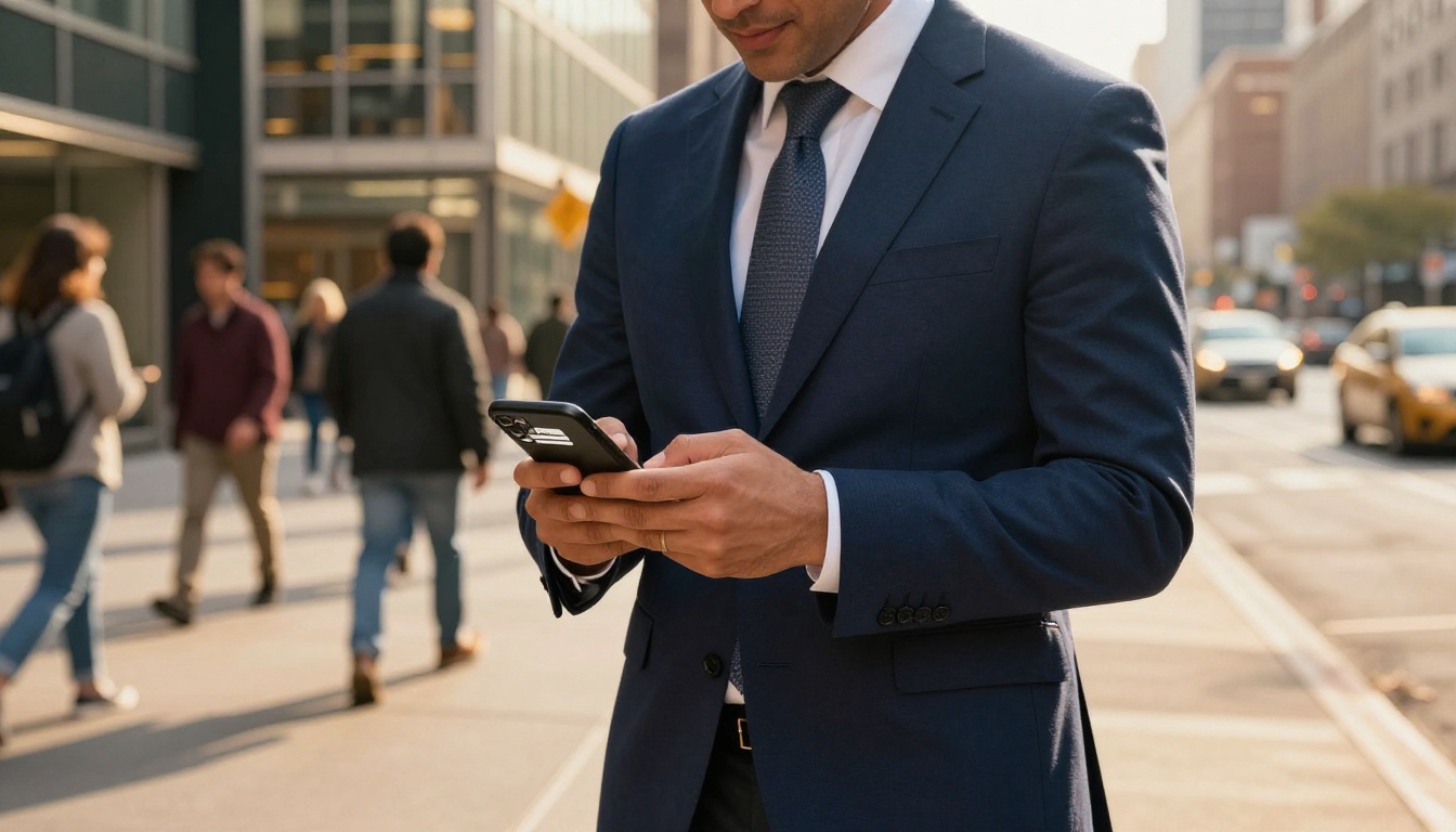 Business professional checking a flipbook email notification on his phone on a city street