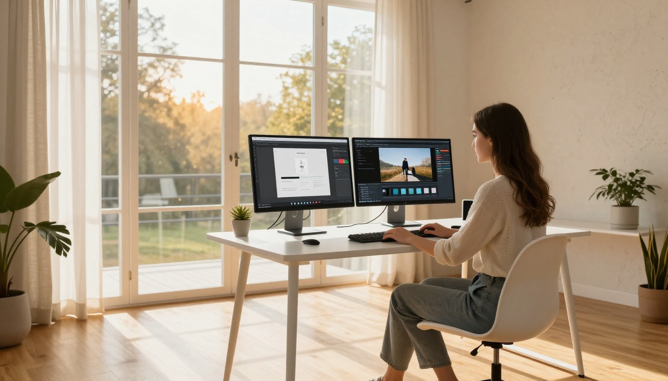 Woman at dual monitor home office setup uploading video and previewing flipbook in golden hour light