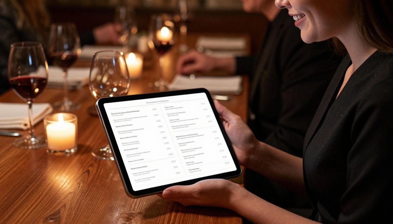 Restaurant hostess presenting elegant digital menu flipbook on tablet to dining couple by candlelight Restaurant hostess presenting elegant digital menu flipbook on tablet to dining couple by candlelight
