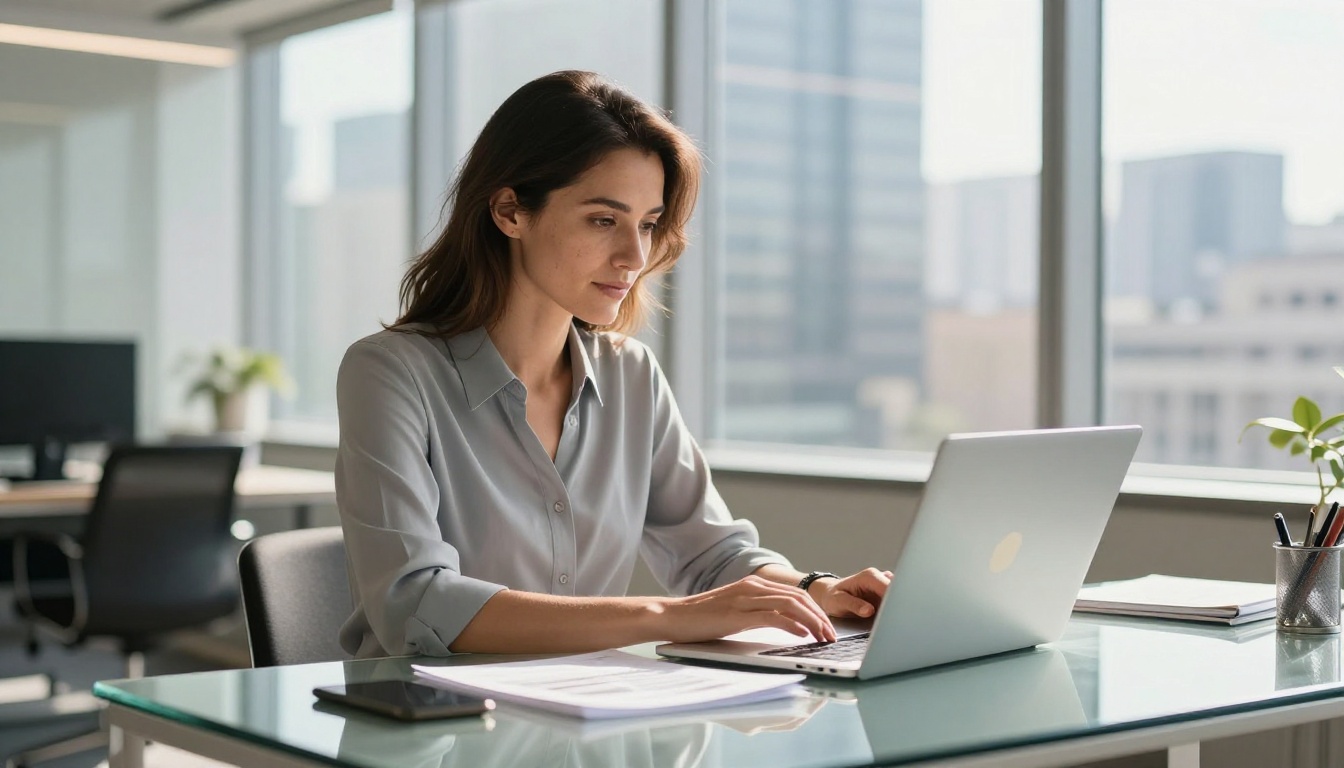 Professional woman viewing a digital flipbook on her laptop in a bright office Professional woman viewing a digital flipbook on her laptop in a bright office
