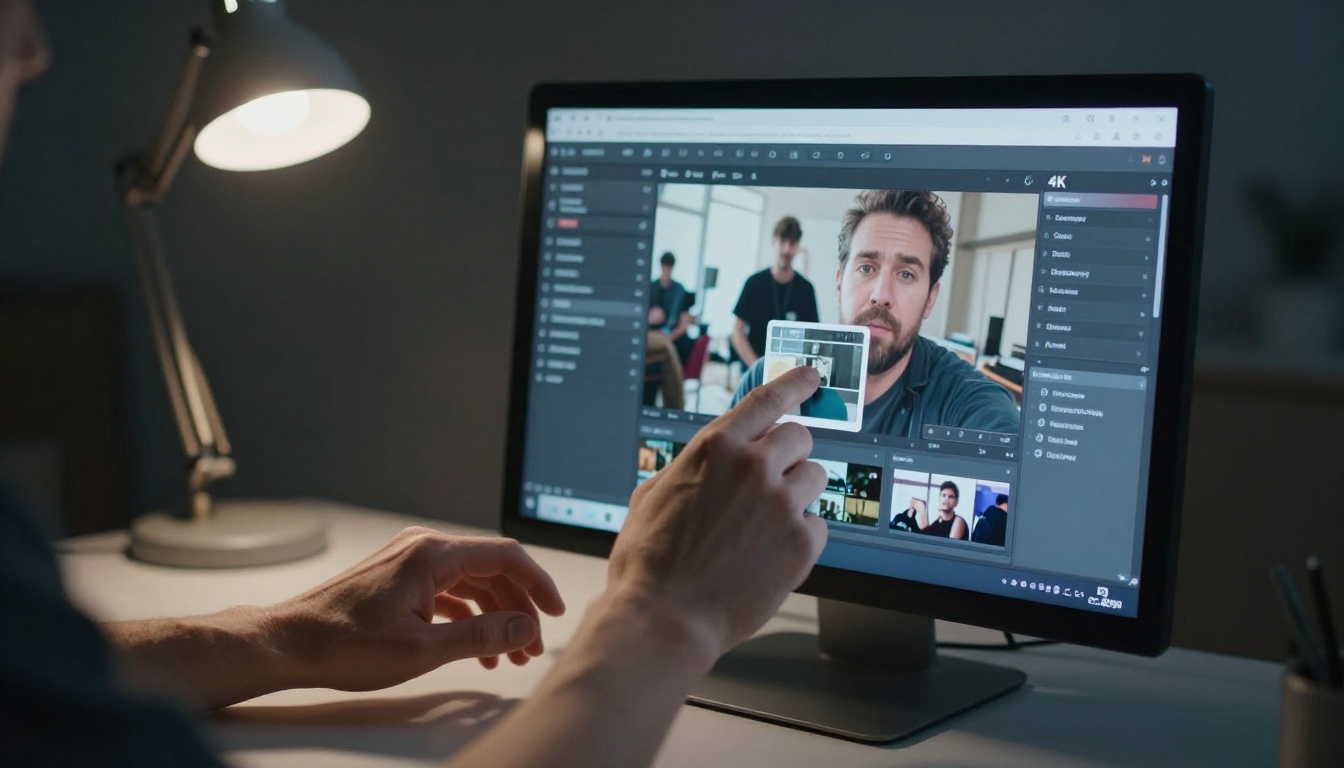 Over-the-shoulder view of hands dragging video thumbnail onto flipbook page in web editor