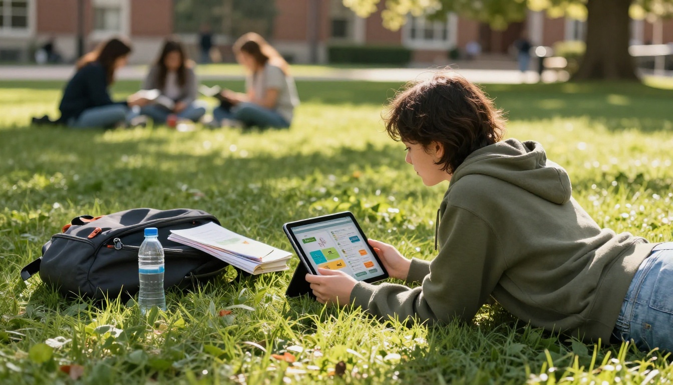 University student reading educational flipbook on tablet while relaxing on campus lawn University student reading educational flipbook on tablet while relaxing on campus lawn