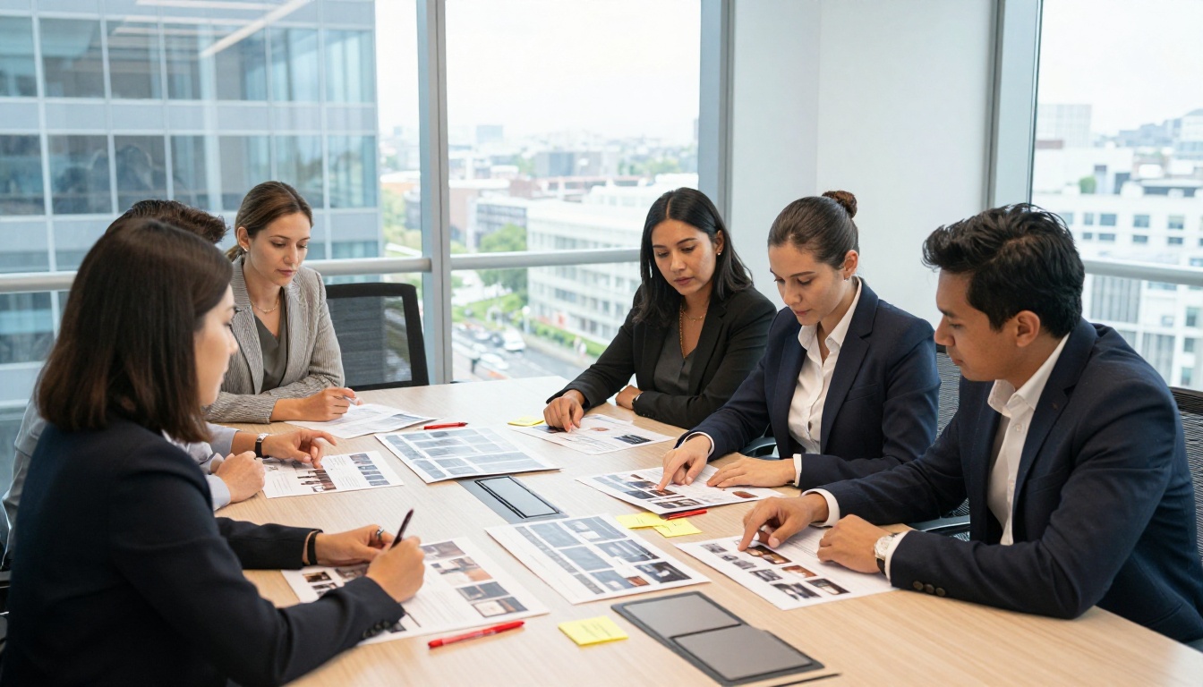 Business team reviewing printed catalog proofs spread across conference table