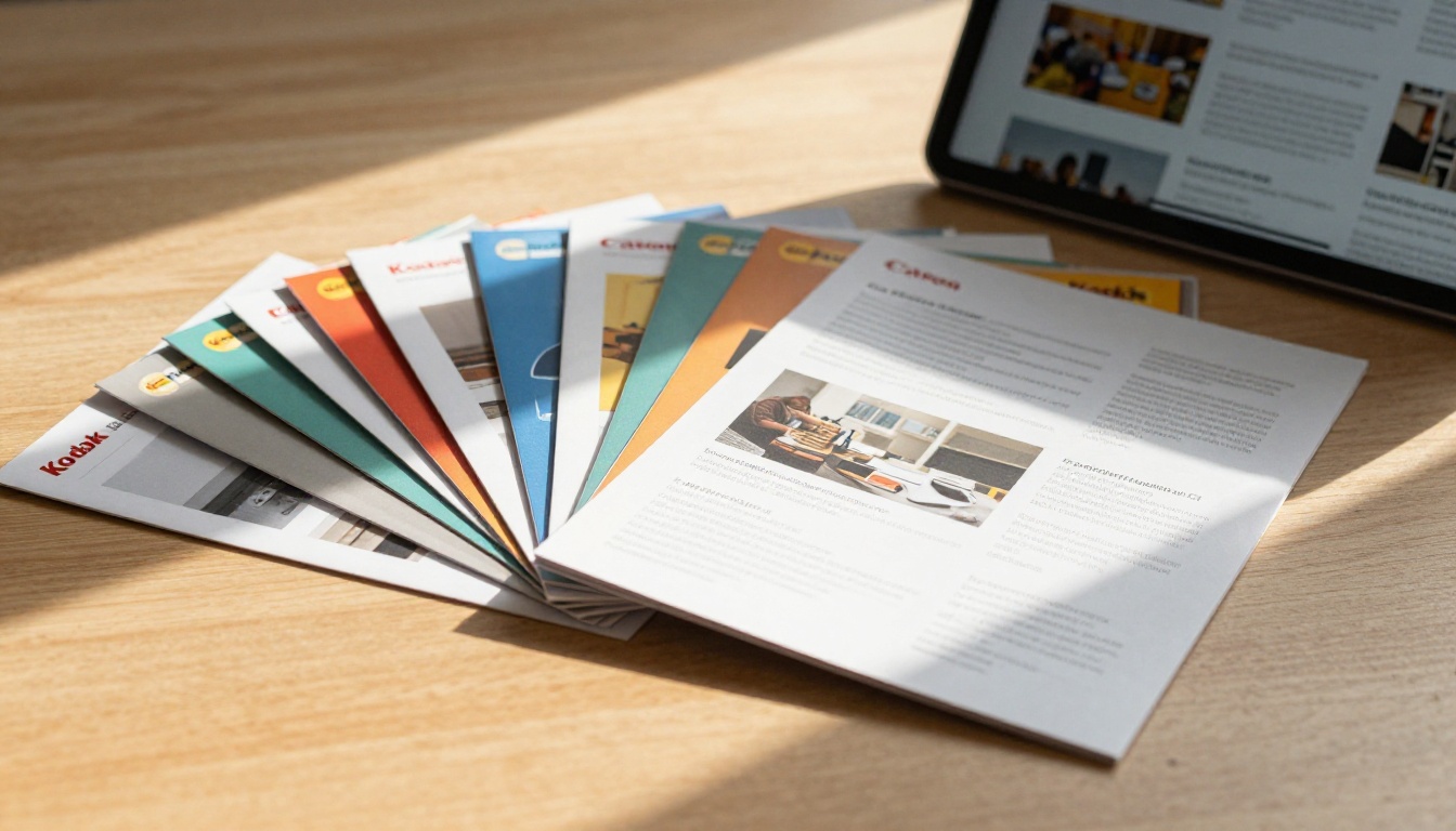 Stack of printed brochures beside a tablet showing a digital flipbook version Stack of printed brochures beside a tablet showing a digital flipbook version